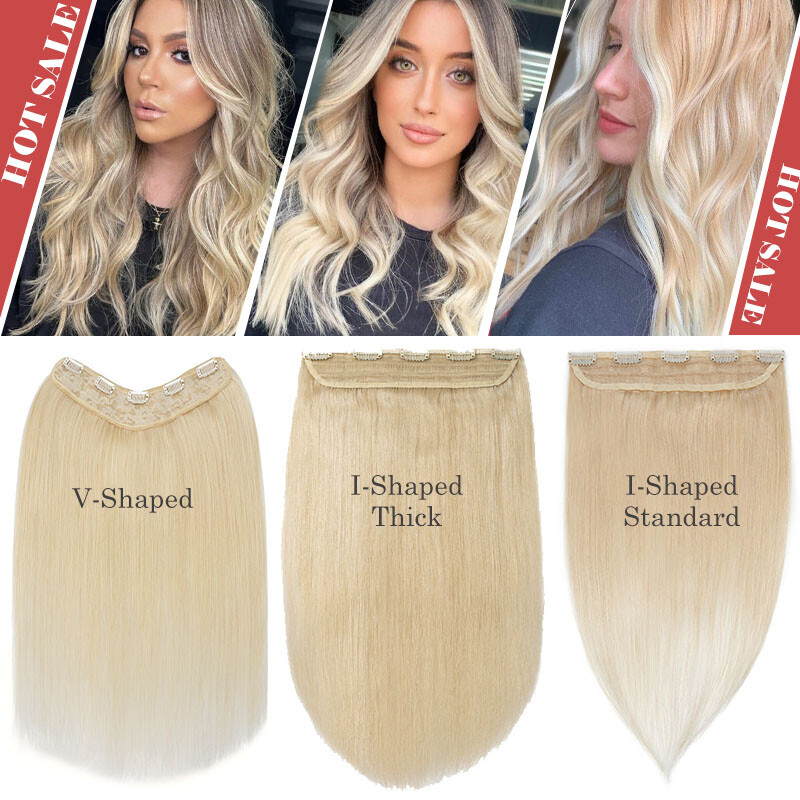 AAA+ V-Shaped One Piece Clip In Remy Human Hair Extensions Blonde 3/4 Full Head