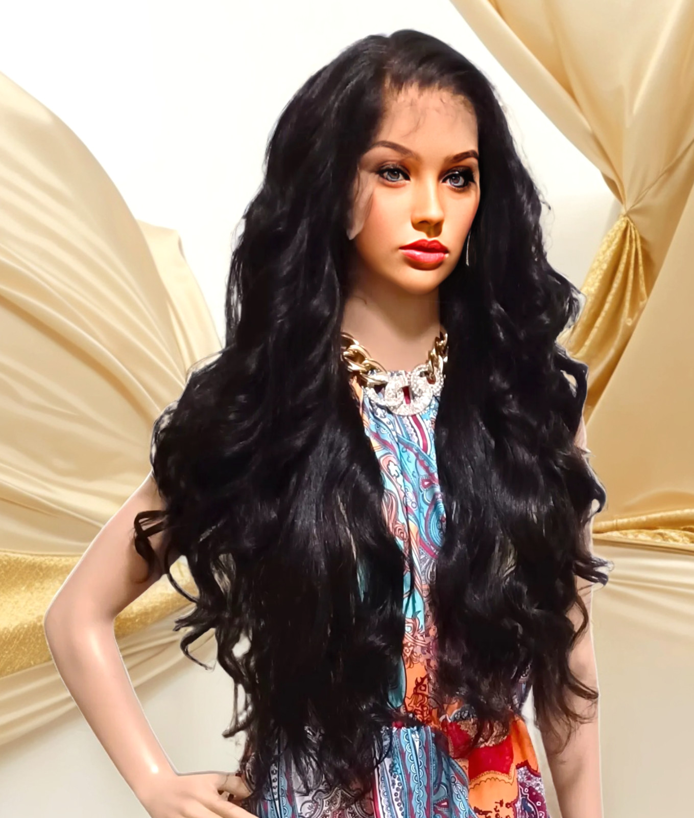37” FREE PART LACE FRONT FULL WIG LONG WAVY LAYERED OFF BLACK #1B HEAT OK NWT