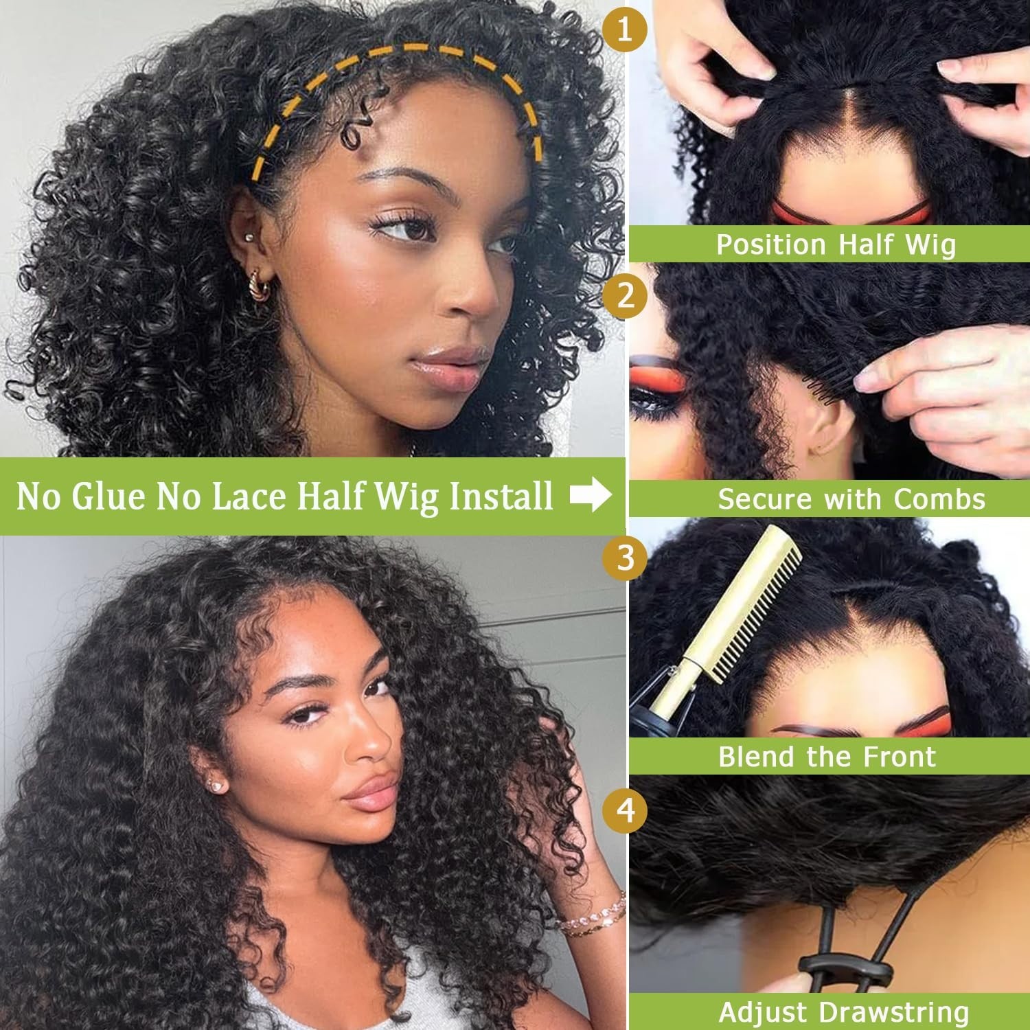 Half Wig Human Hair Kinky Curly Wear & Go Glueless Flip Over 180% Density 22Inch