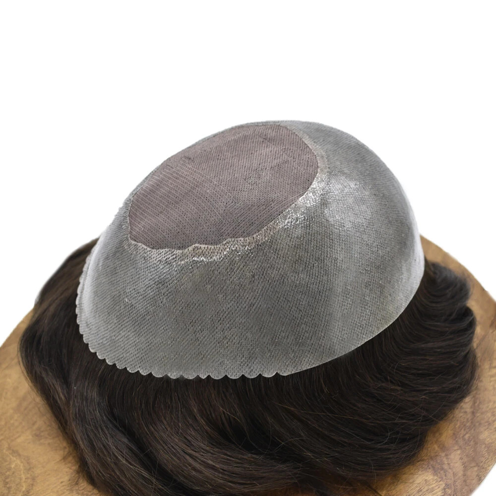 Mens Toupee Human Hair Piece System Replacement Mono Top Poly Around Wig for Men