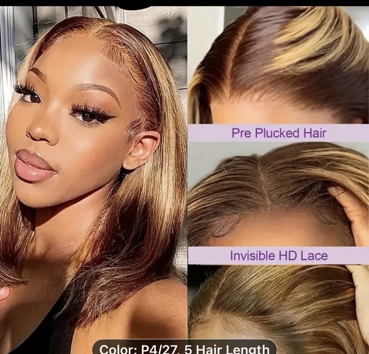 Dark Brown & Blond highlights 8” Bob Lace Front 100% Human Hair 180 % Density.