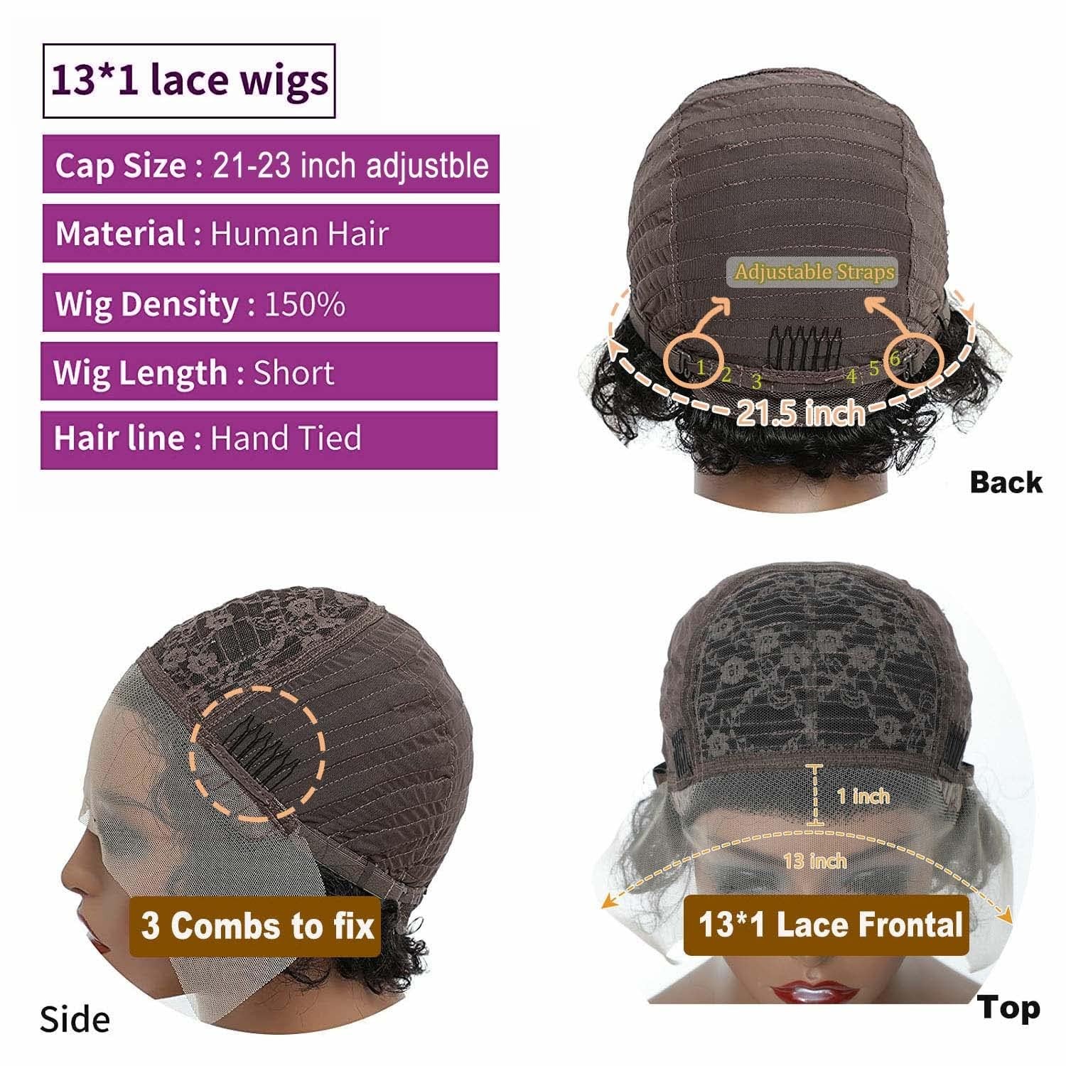 Short Curly Human Hair Wig Lace Front Pixie Cut 6 Inch for Black Women