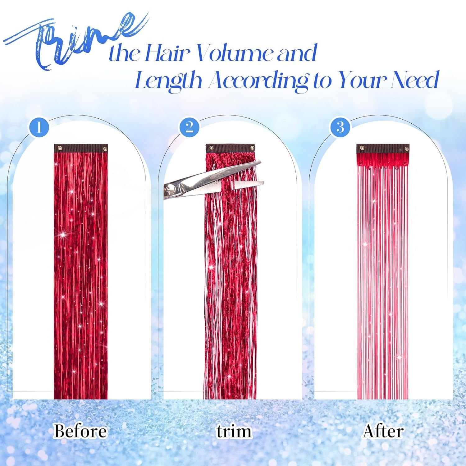 Transform Your Hair with 12 PCS Red Clip-in Glitter Tinsel Extensions – 20 Inch
