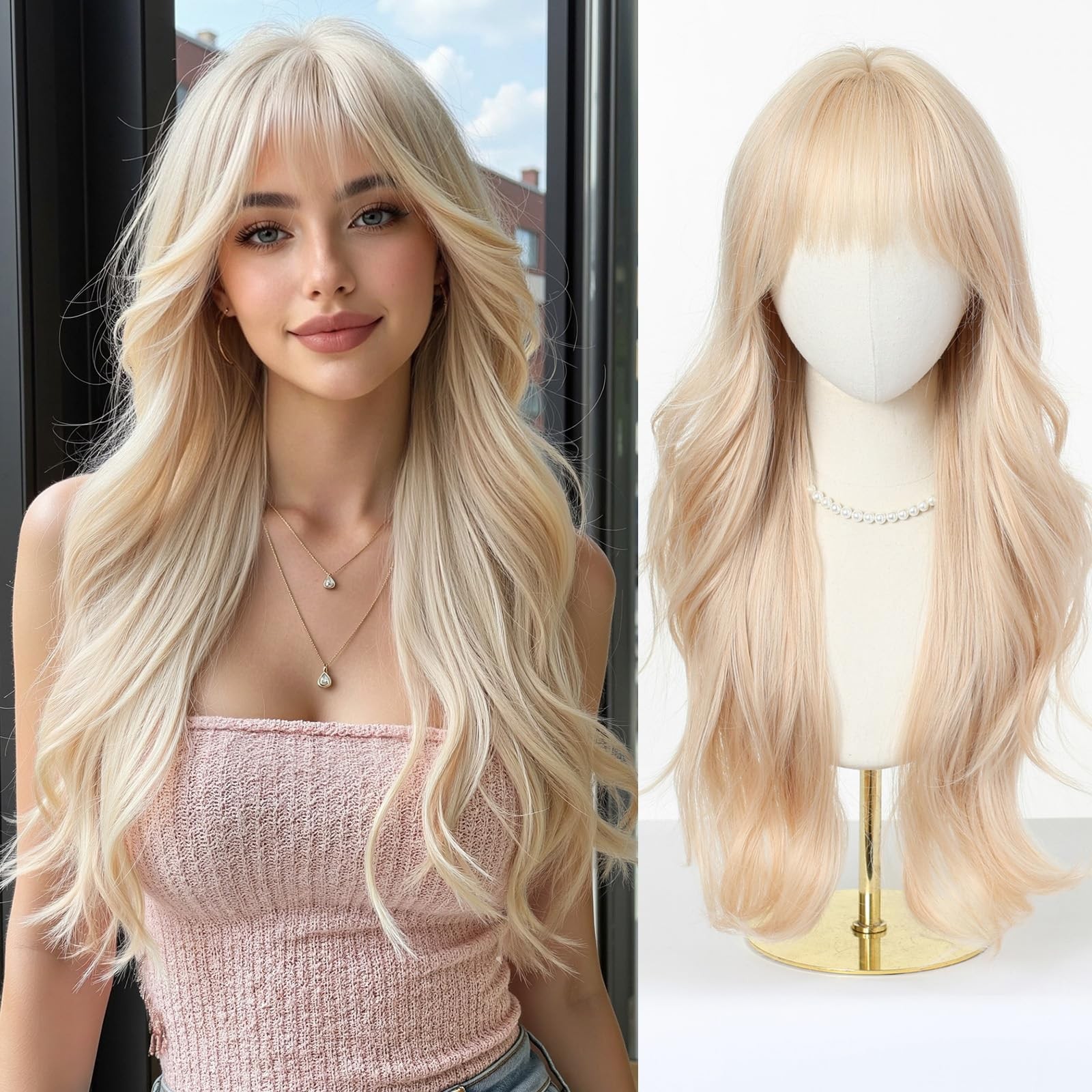 Long Wavy Blonde Wigs for Women with Fringe Natural Synthetic Hair Wig for Da…