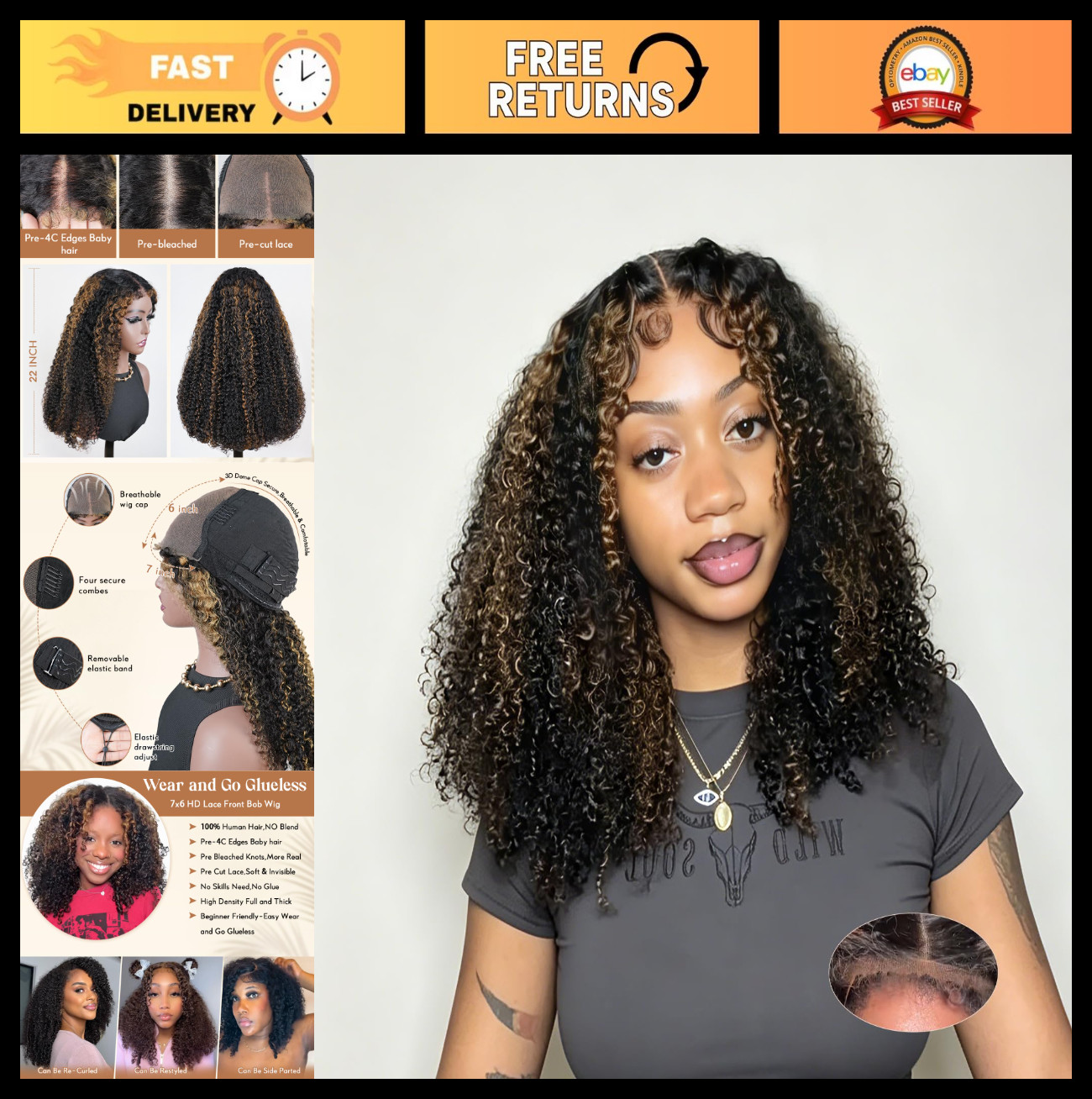 Glueless Kinky Curly Human Hair Wig 20″ HD Lace Front, Pre-Plucked, Drawstring f