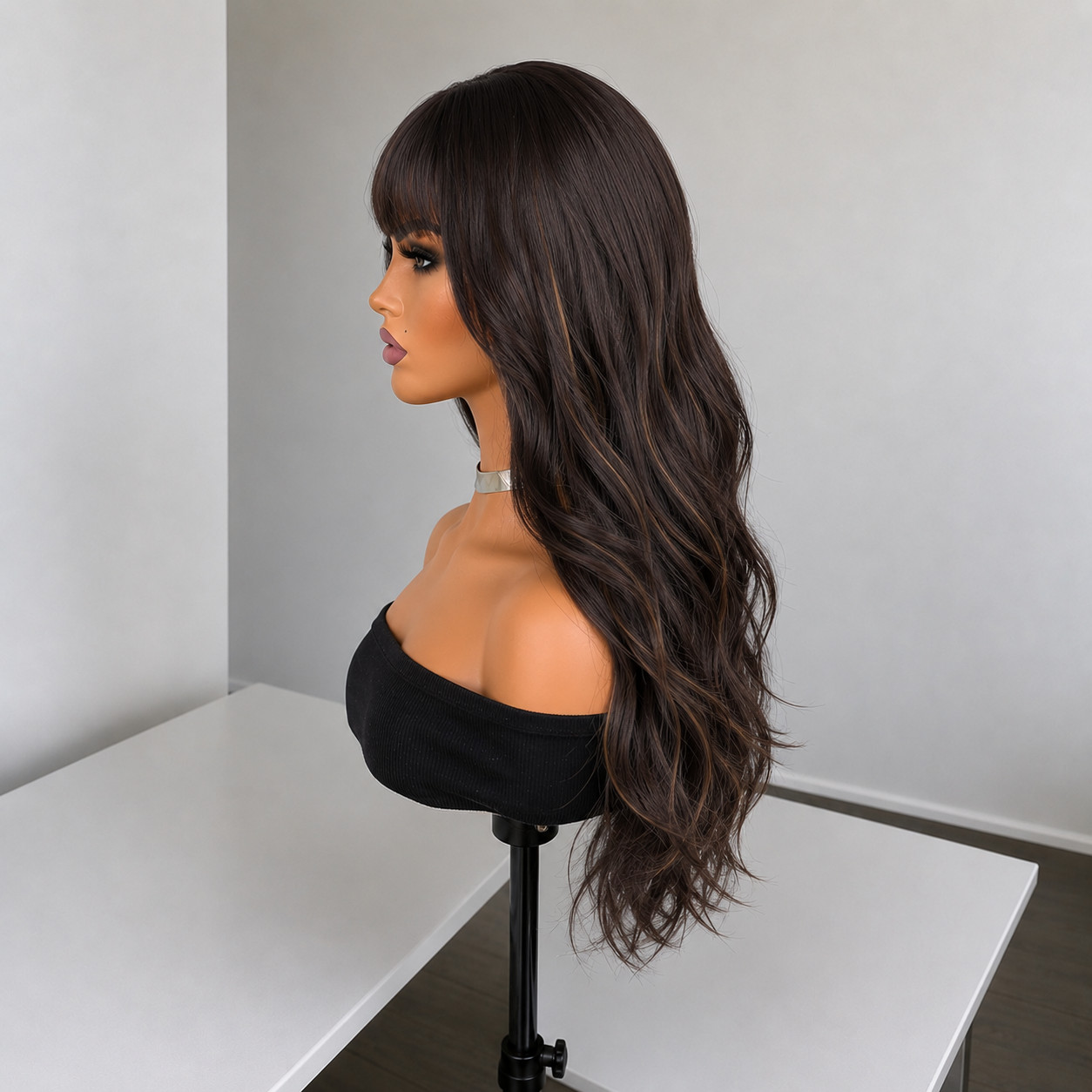 Long Wavy Costume Wig With Fringe Mixed Brown Synthetic Hair Heat Resistant