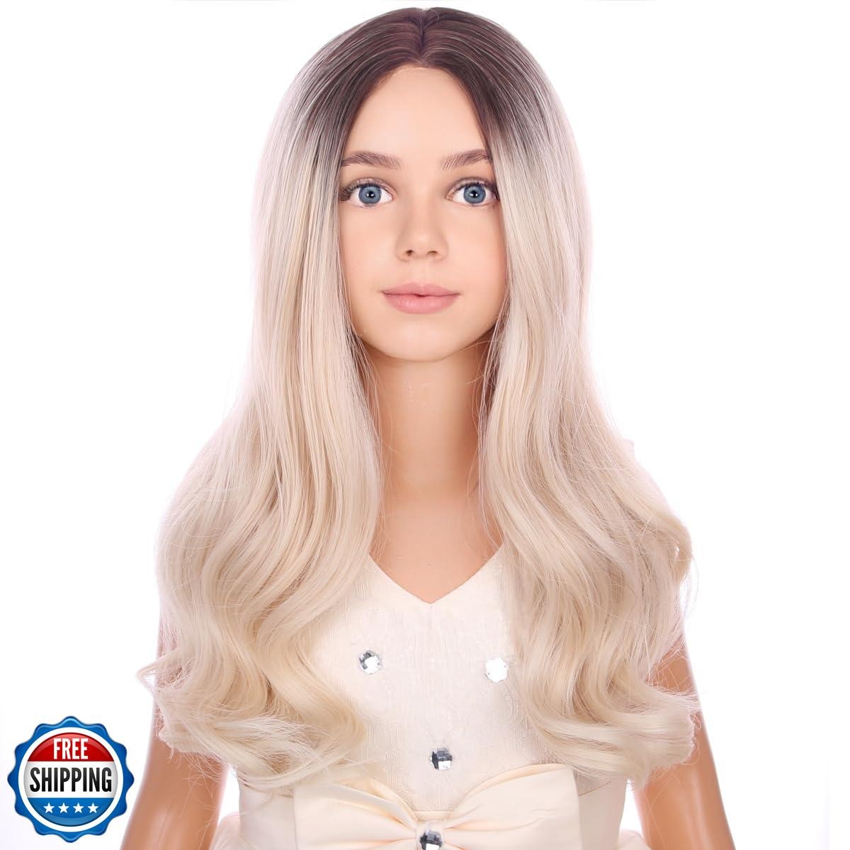 PATTNIUM Long Blonde Wigs for Kids Child Long Curly Wavy Ombre Blonde Wig Mid