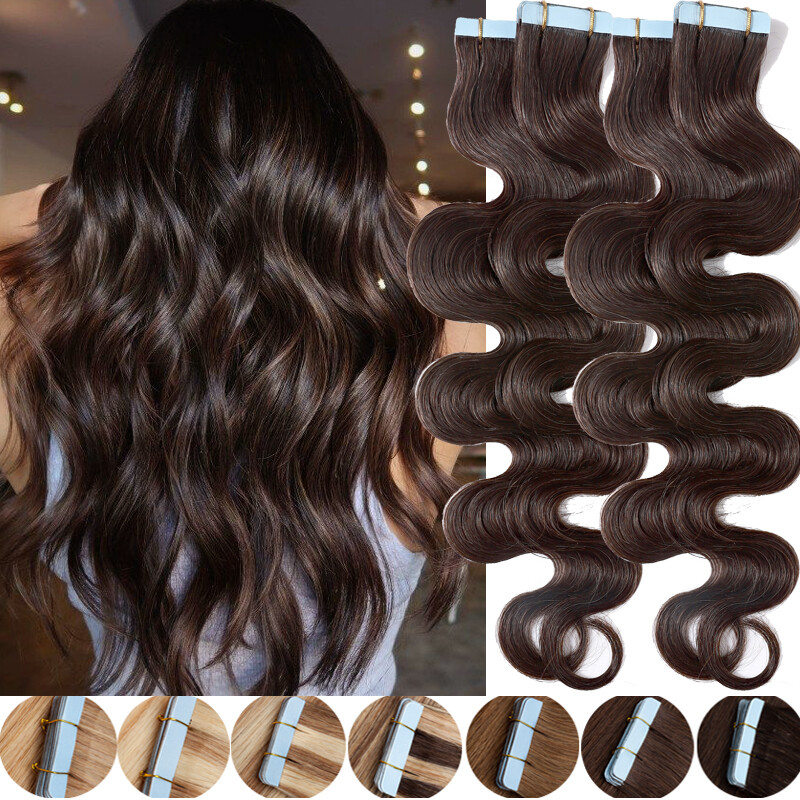 Tape In Human Hair Extensions Skin Weft Full Head Brown Real Wavy Thick 20-60pcs