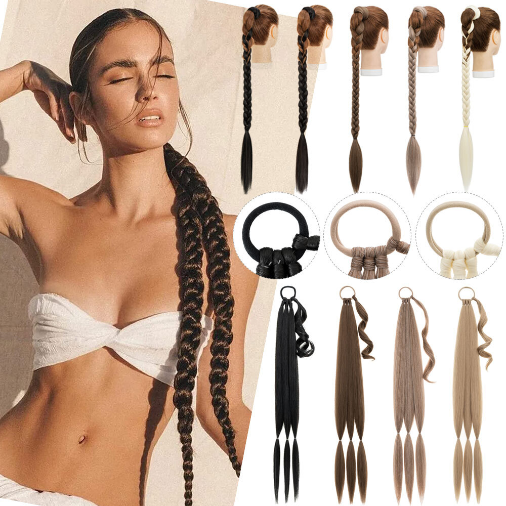 80cm Long Braided Ponytail Extension with Hair Tie Straight Wrap around Hair Tie