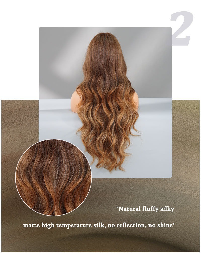 Golden highlighted long curly hair with big waves and bangs wigs