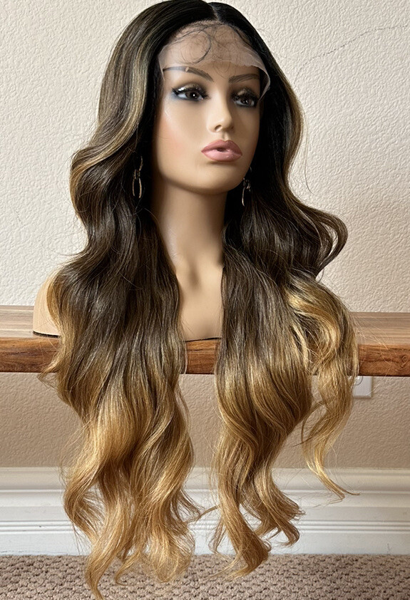 Honey Blonde Ombré Wig Wavy Layered Lace Front Middle Part 26 Inch Long Heat Ok