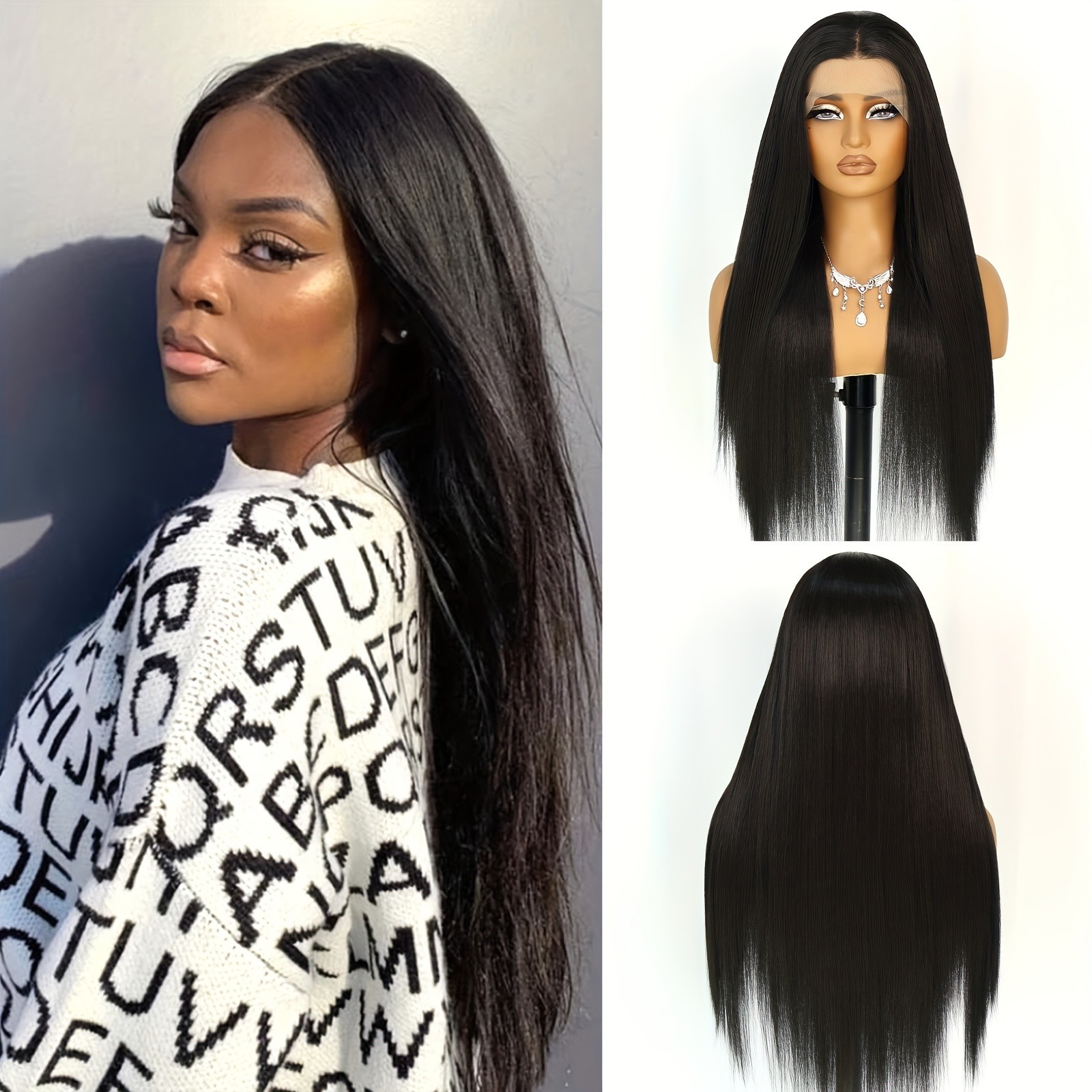 Lace Front Wigs Long Straight Natural Black Hair Pre Plucked Soft As Human Hair