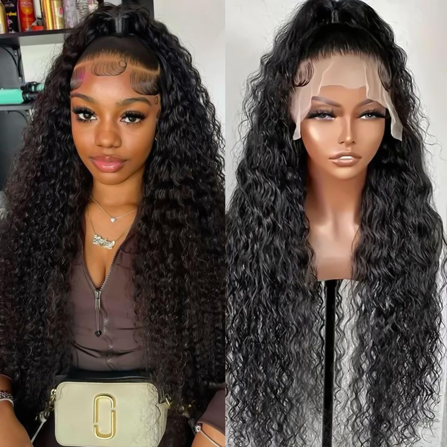 24″ Water Wave Glueless Lace Front Wig – 200 Density Curly Human Hair for Black