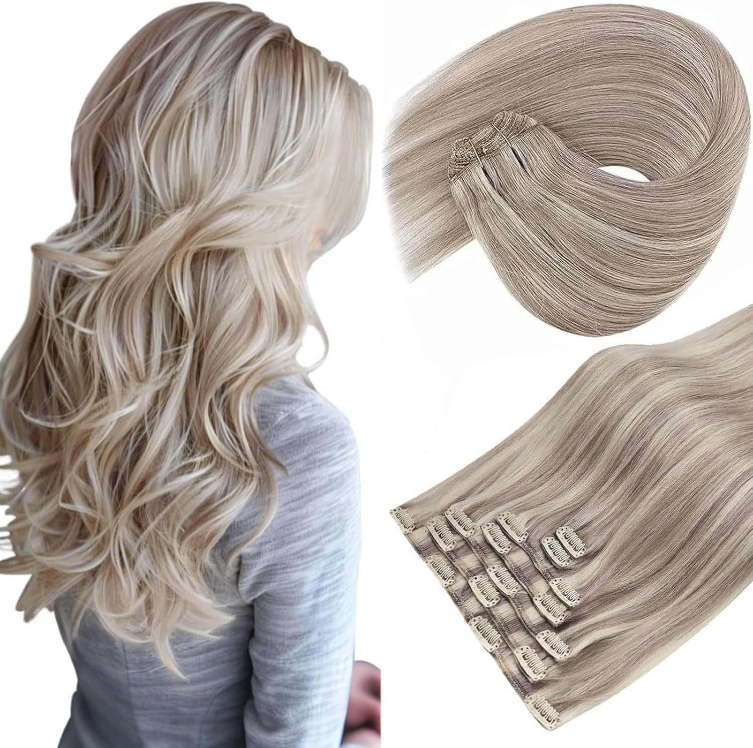 Sunny Hair CLIP-IN 20″ Platinum Blonde Highlight Human Hair Extensions CP P20-60
