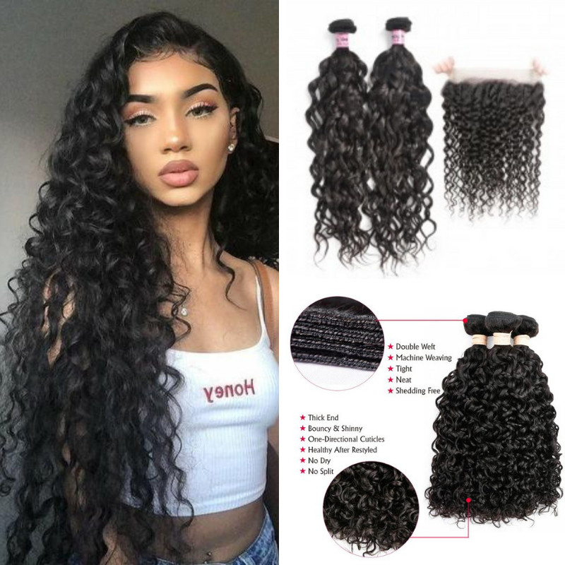 Ustar Natural Black Virgin Natural Wave Hair 2 Bundles with Frontal