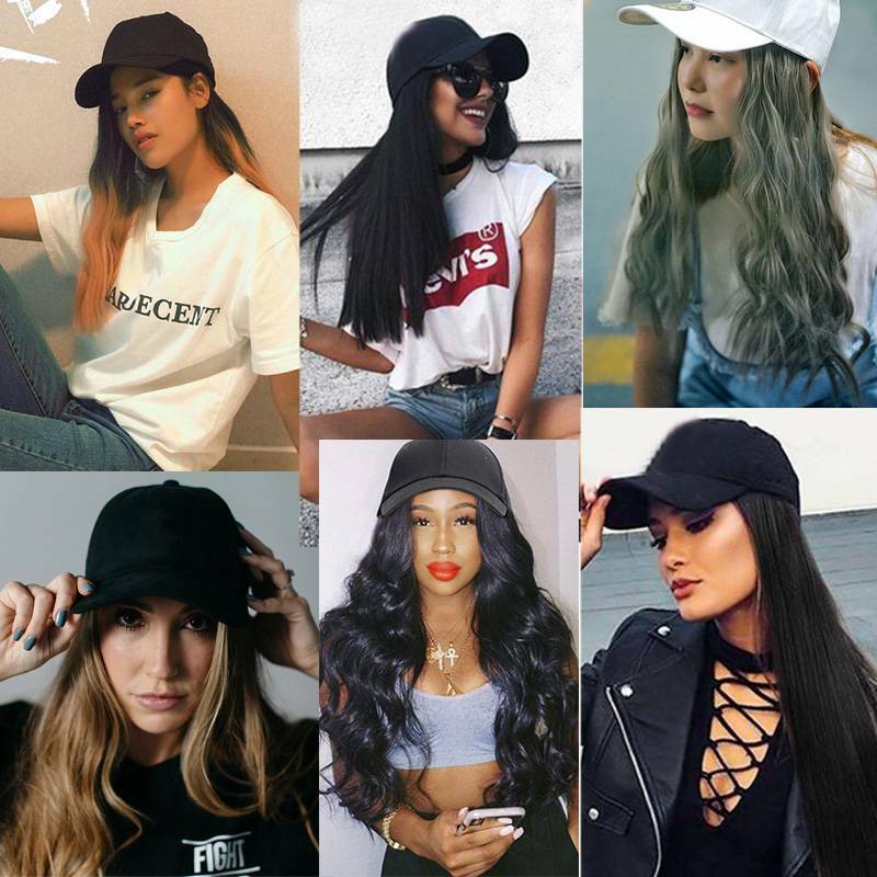 US Women Baseball Cap with Synthetic Wig Long Wavy Full Wigs Hat for Natural Use