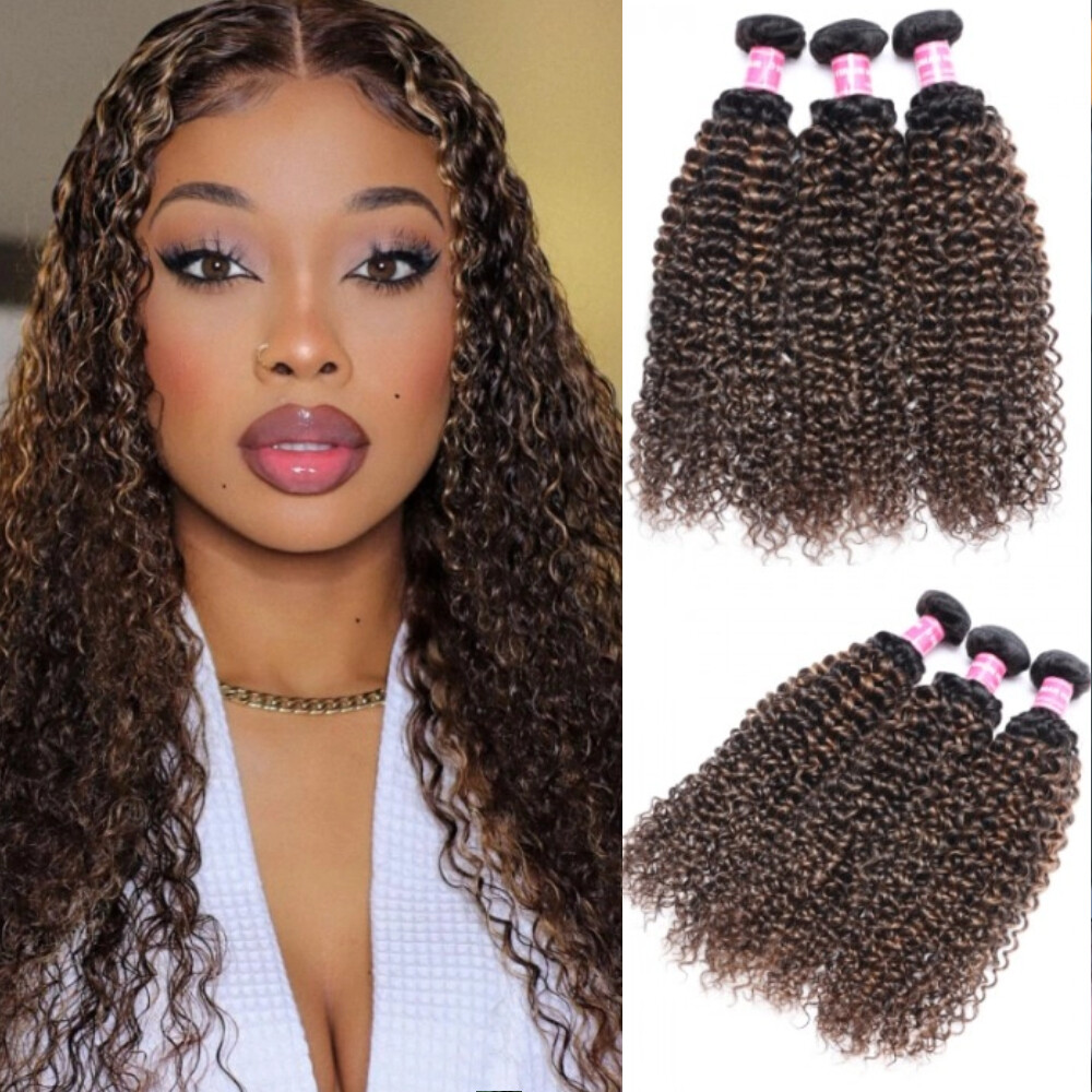 UNice Cambodian Ombre Balayage Brown Curly 3 Bundles Human Hair Extension Weaves