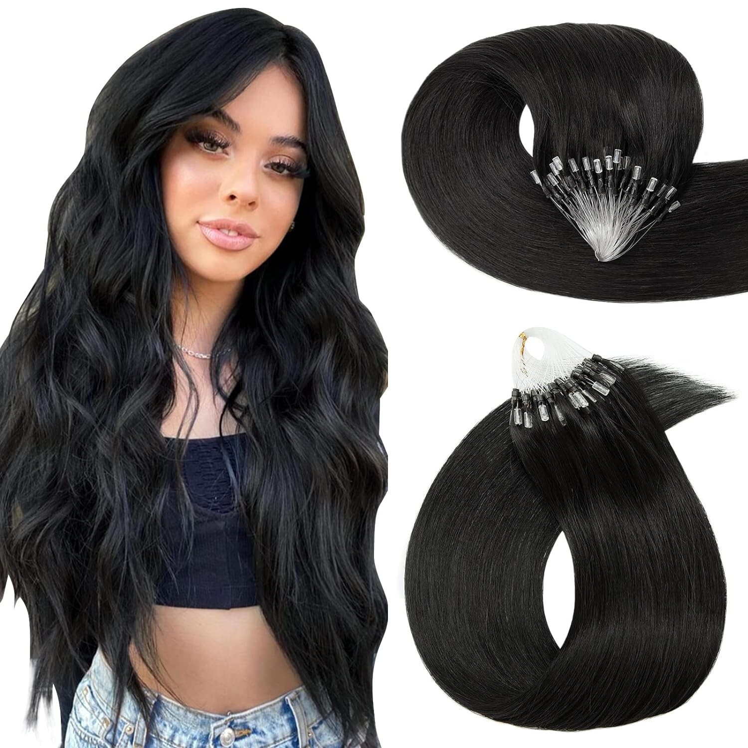 Hairro Microlinks Hair Extensions Human Hair 20 inch 50g 100 Strands #01 Black