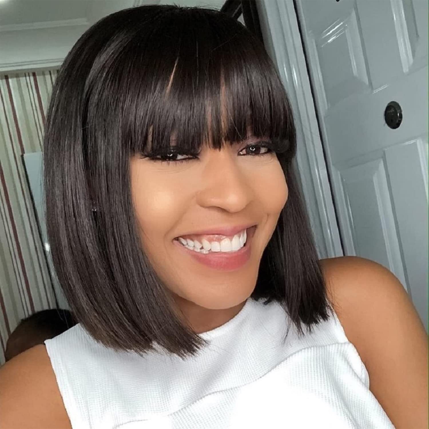 10 Inch Short Black Bob Wig with Bangs Human Hair Straight Bang Bob Wig 2×1 Lace