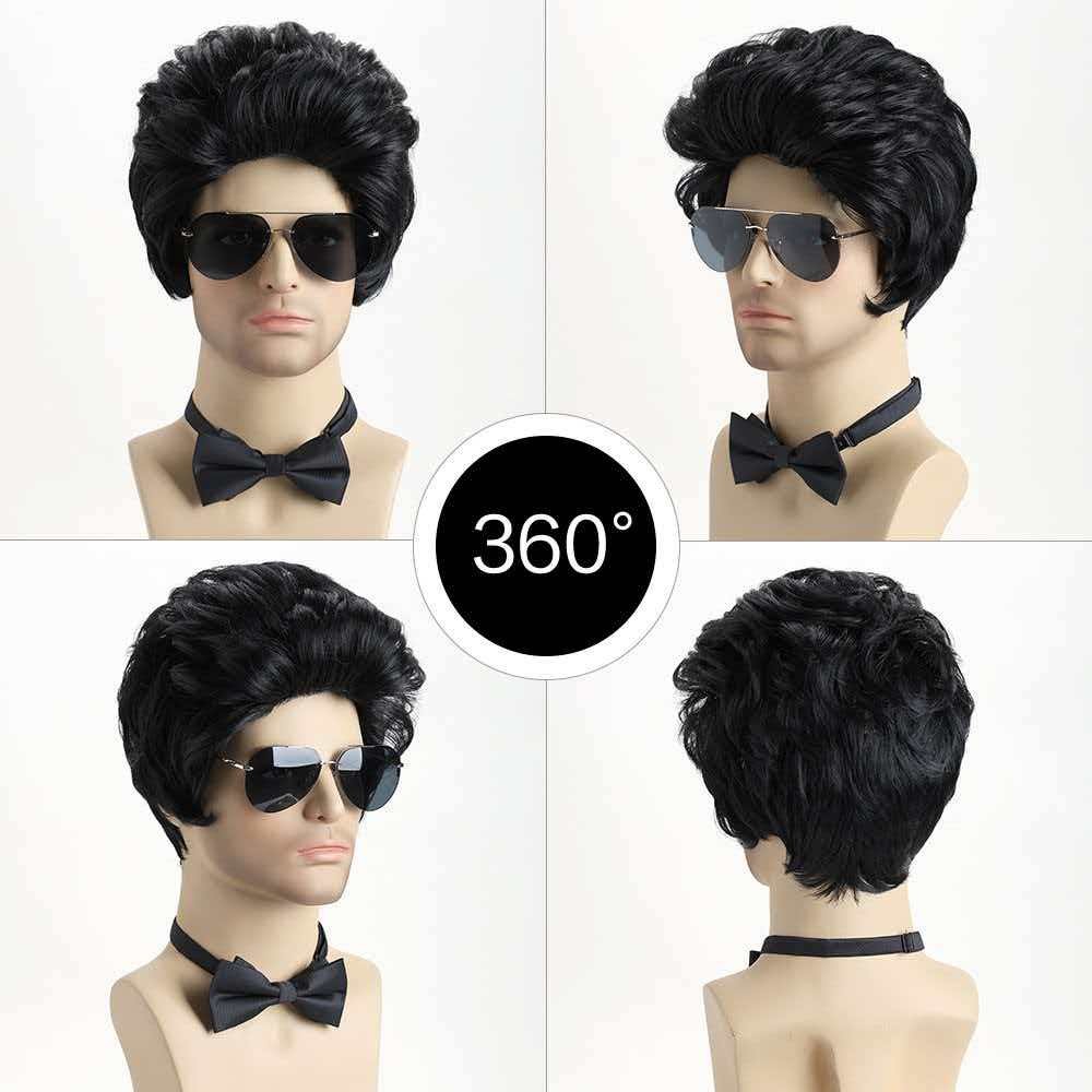 10in Black Pompadour Greaser Wig with Sideburns Full Heat Resistant Cosplay