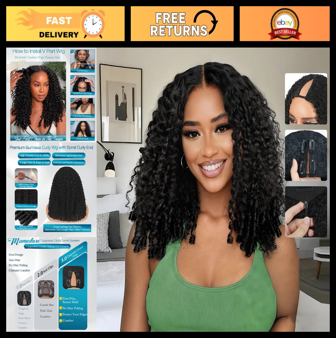20 Inch V Part Human Hair Wig – Burmese Curly, 180% Density, No Sew, Glueless, C