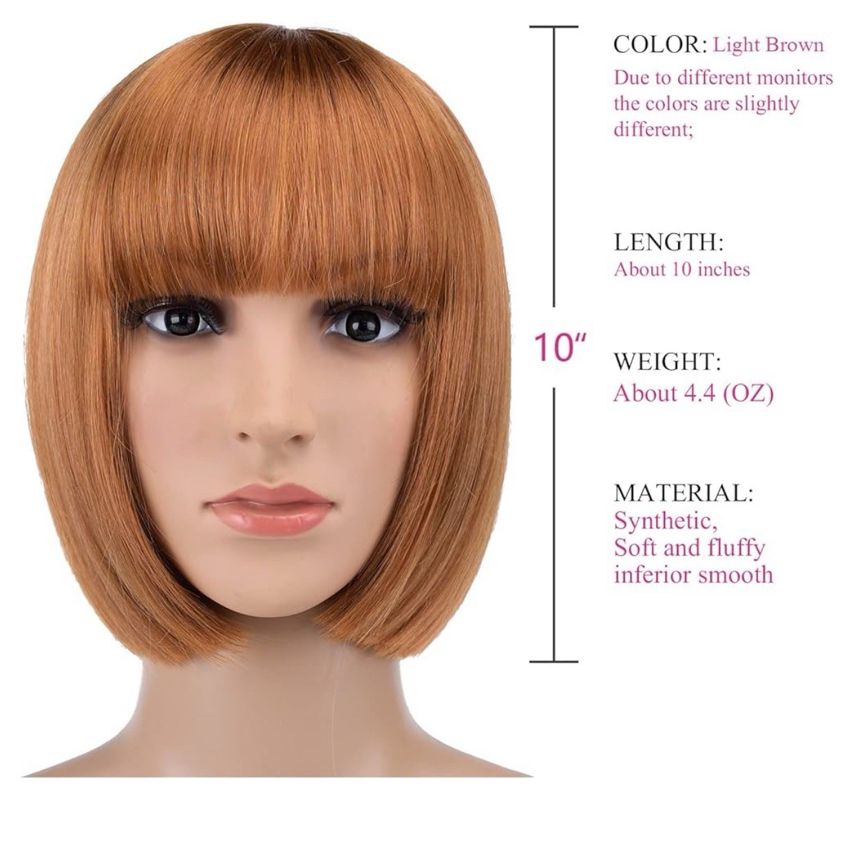 Bob 10” Flame Retardant light Brown Wig/Short Wig With Bangs.(Wig Cap Included)