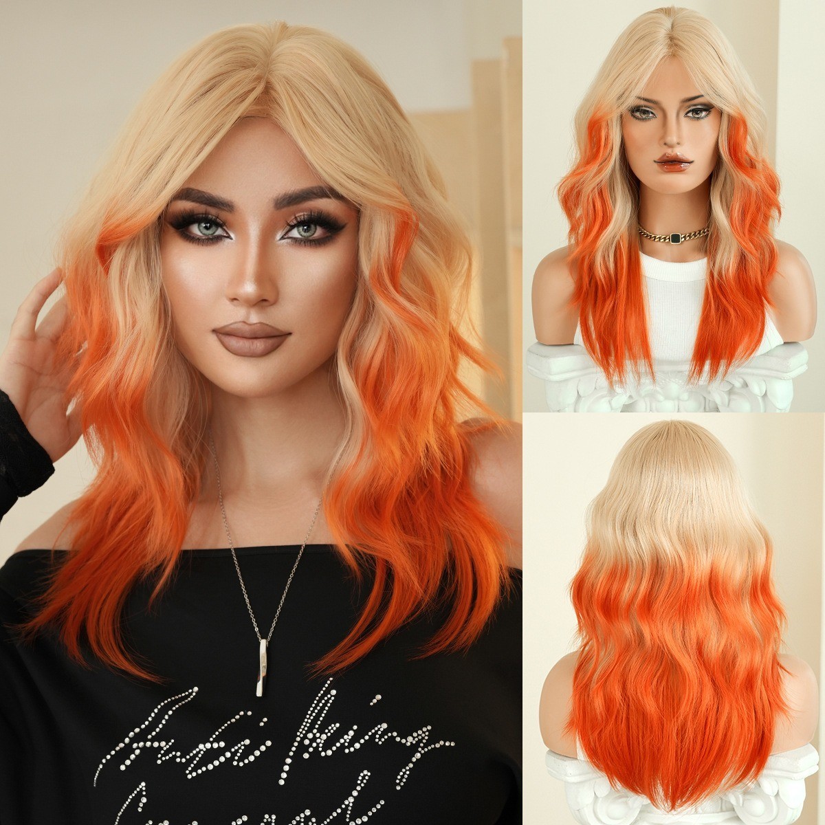 53cm 20in color medium-length wavy long hair with orange faux eight-shaped bangs