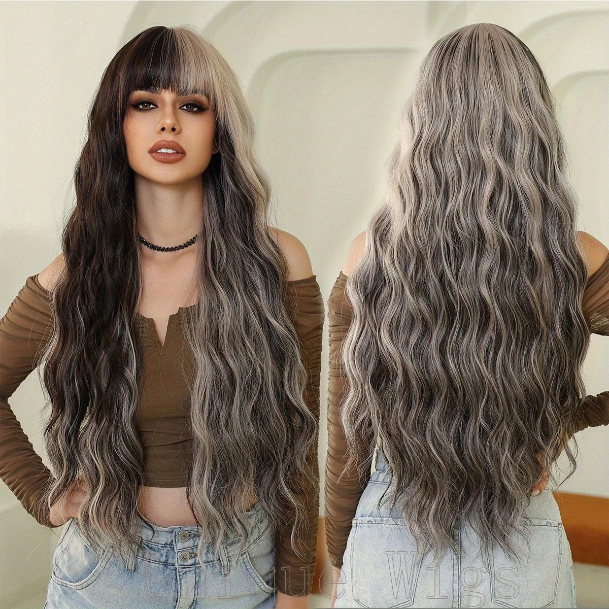 30in Black Gray Long Wavy Wig Y2K Grunge Synthetic Hair Wig Cosplay Party Daily