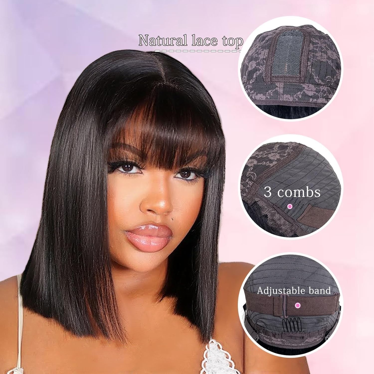 Bob Wig Human Hair Glueless Wig with Bangs Human Hair Straight 2×1 Lace Wig