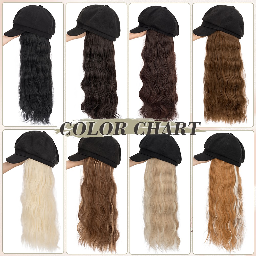 Bucket Hat Wig Black Newsboy Cap With Long Wavy Hairpiece 18″ Natural Hair Women