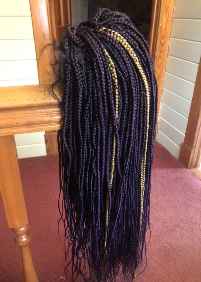 Custom Fully hand braided lace closure box braid wig baby hair color purple 28in
