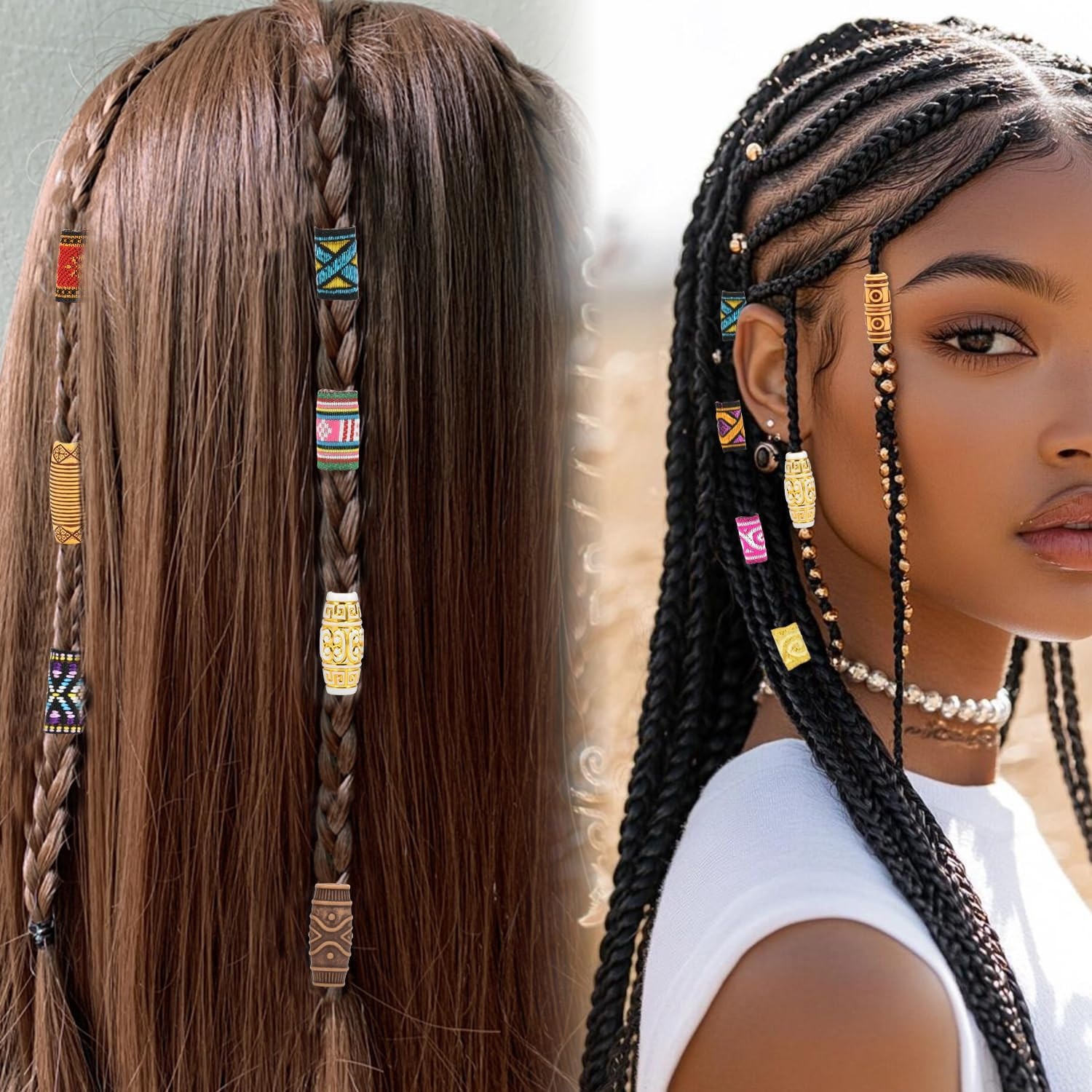 30Pcs Hair Beads for Braids, 18 Plastic + 12 Fabric African Hair Dreadlock Beads