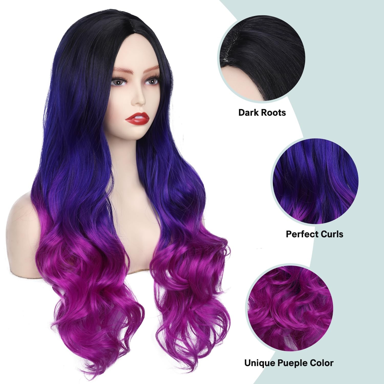 Long Wavy Wig – Black to Blue to Purple Ombre Color, Curly, Rainbow, Middle P…