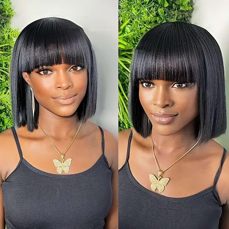 12″ Short Black Straight Wig with Bangs for Women,Made Of High Temperature Fiber