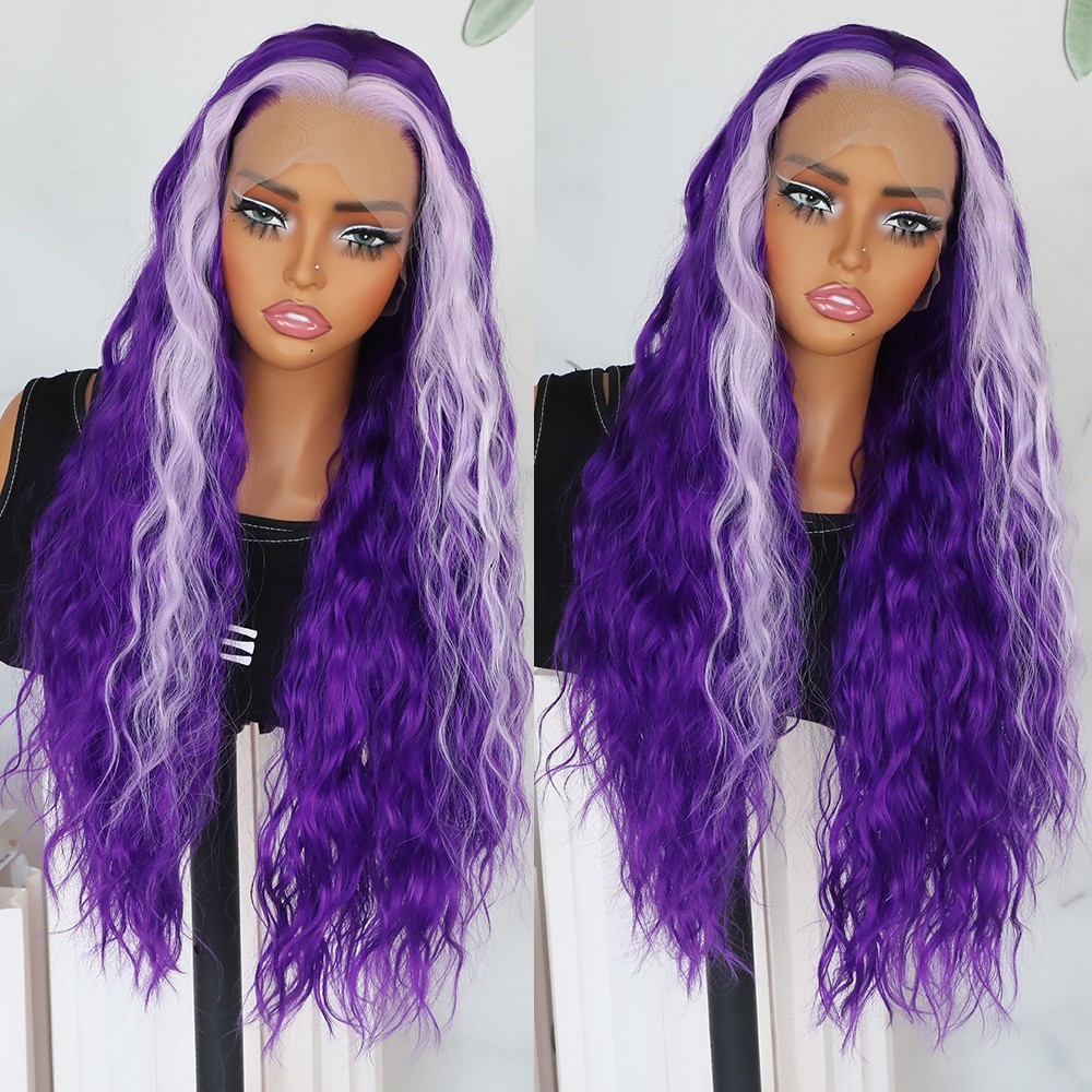 Pre Plucked Natural Hairline Heat Resistant Lace Front Wigs Purple Curly Hair