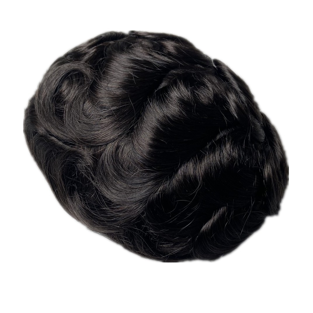 Mens Toupee French Lace Front Thin Skin PU Base Human Hair Replacement Sys #1B