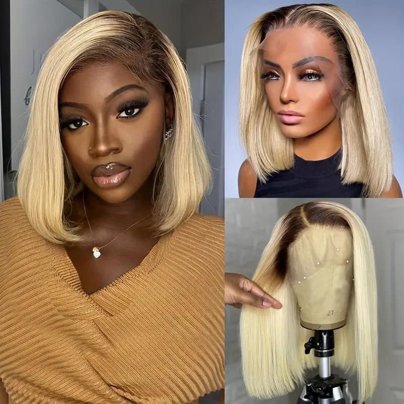 Munx Upgrade-1B613 Blonde Bob Wig Human Hair 8 13X6 Ombre Blonde Bob Lace Front