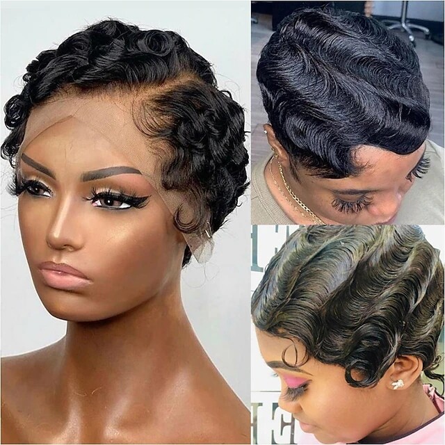 Short Pixie Cut Wig Black Finger Wave Human Hair Lace Front Wigs L Part Glueless