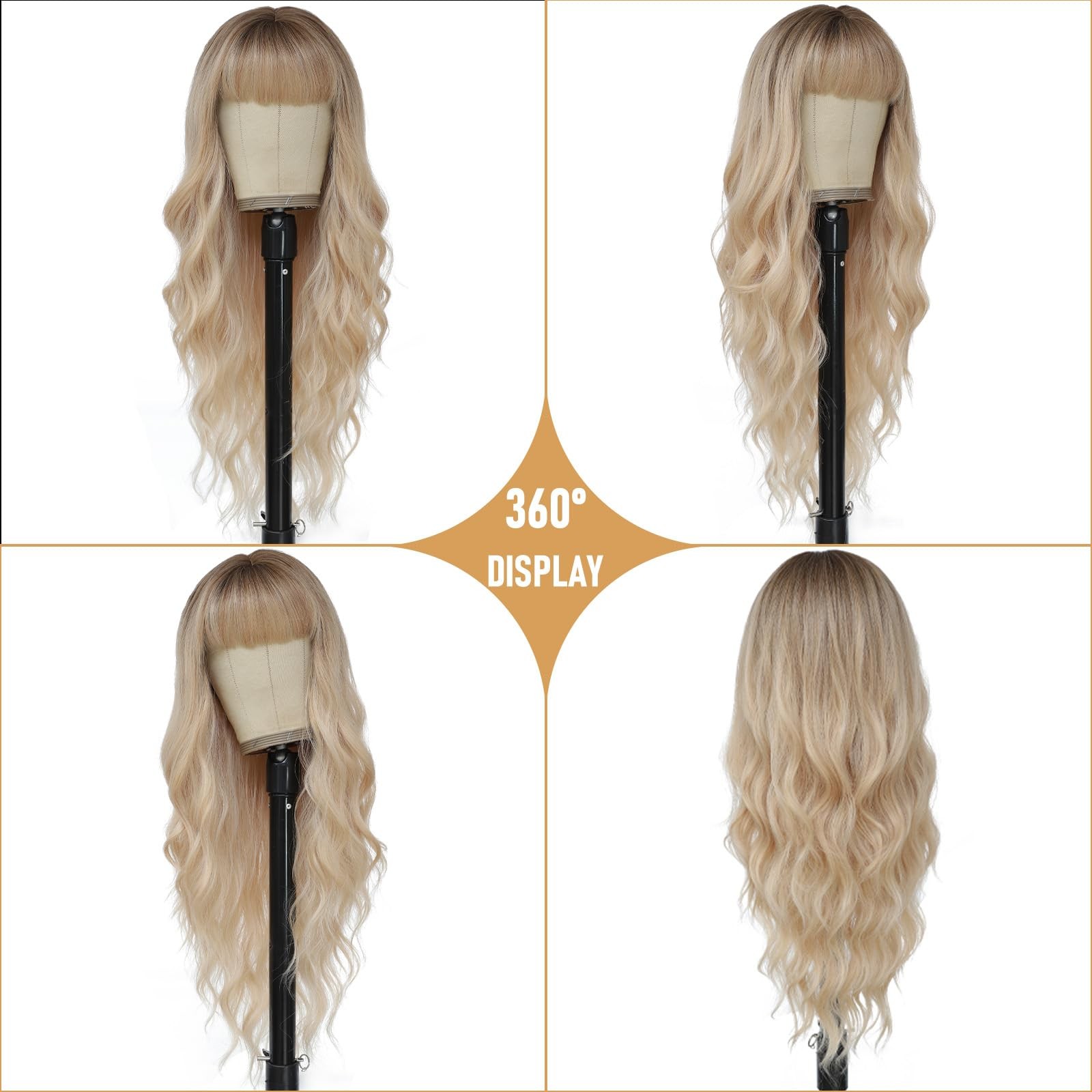 Blonde Wig with Bangs for Women 26 Inch Long Wavy Wig Blonde Hair Wigs Heat R…