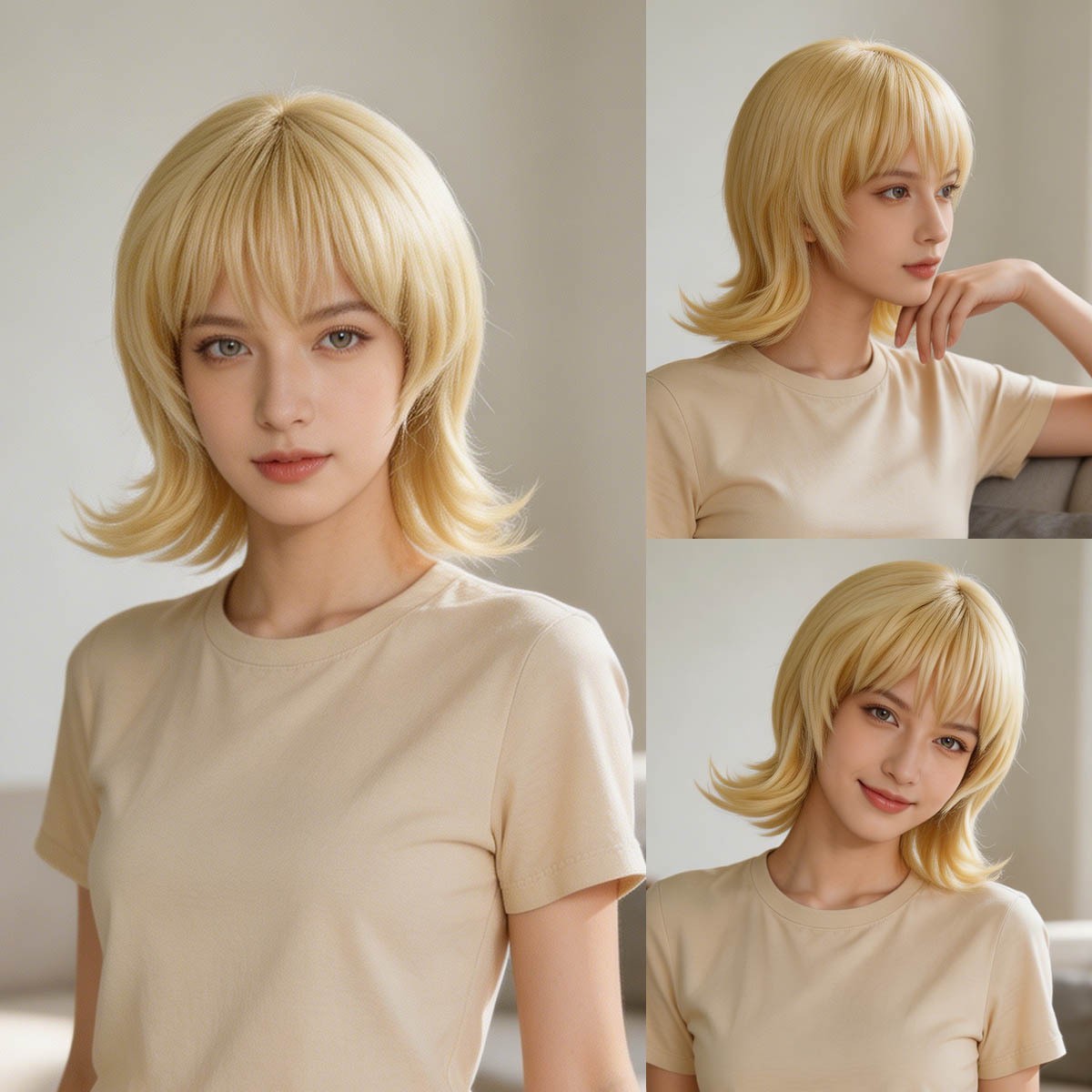 Short Blonde Wavy Wig with Bangs Natural Looking Synthetic Full Cap Wig 10 Inch