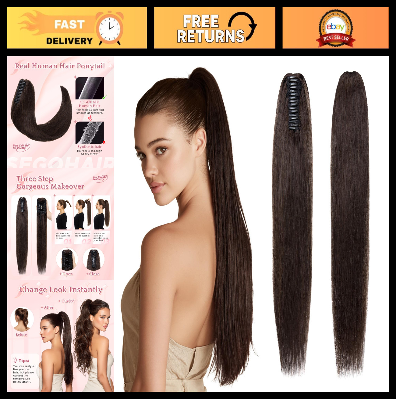 Human Hair Claw Clip Ponytail Extension 22″ 120g Dark Brown Clip-In for Women