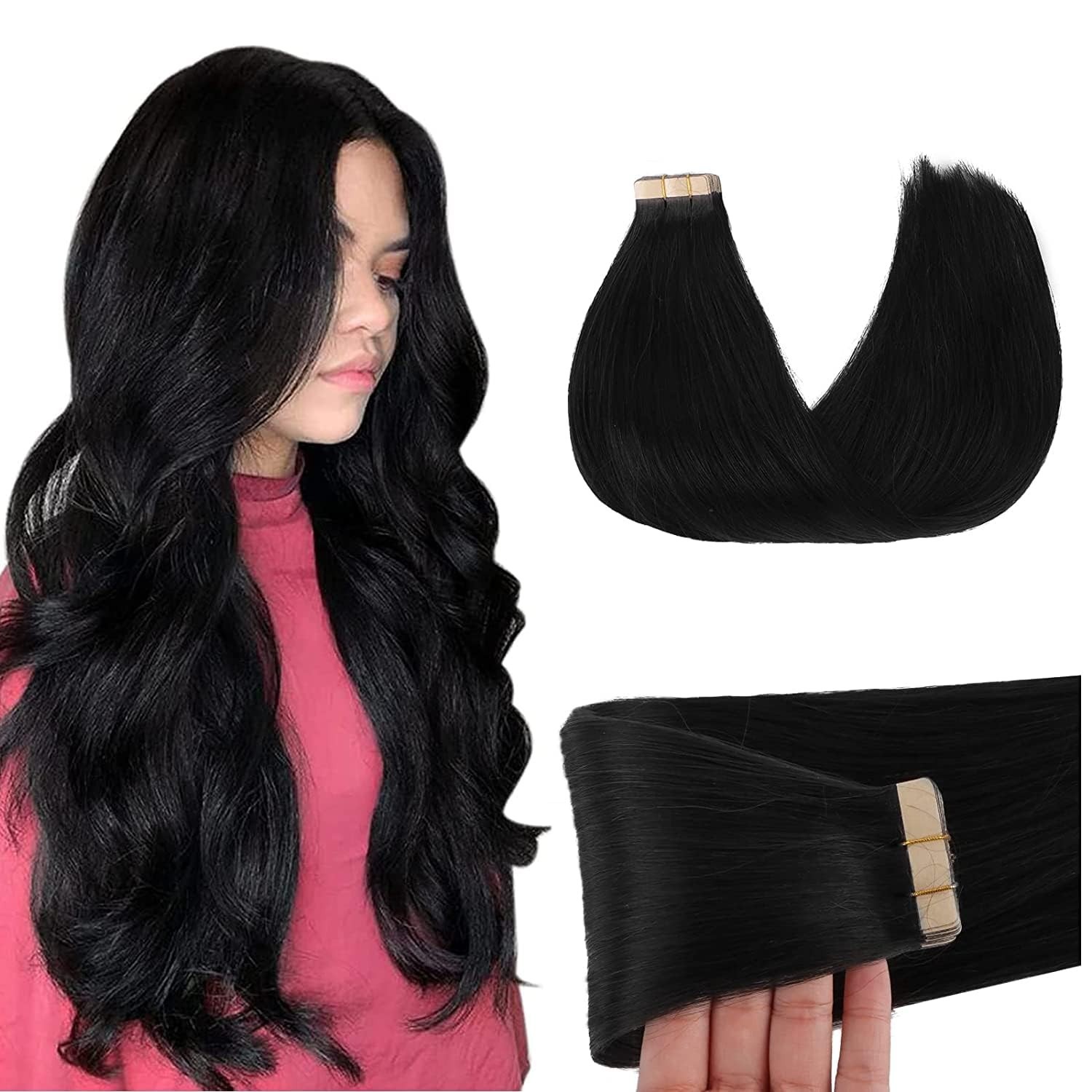 Goo Goo 20in 50g 20pcs Double Side Tape in 9A Remy Hair Extensions * 1 Jet Black