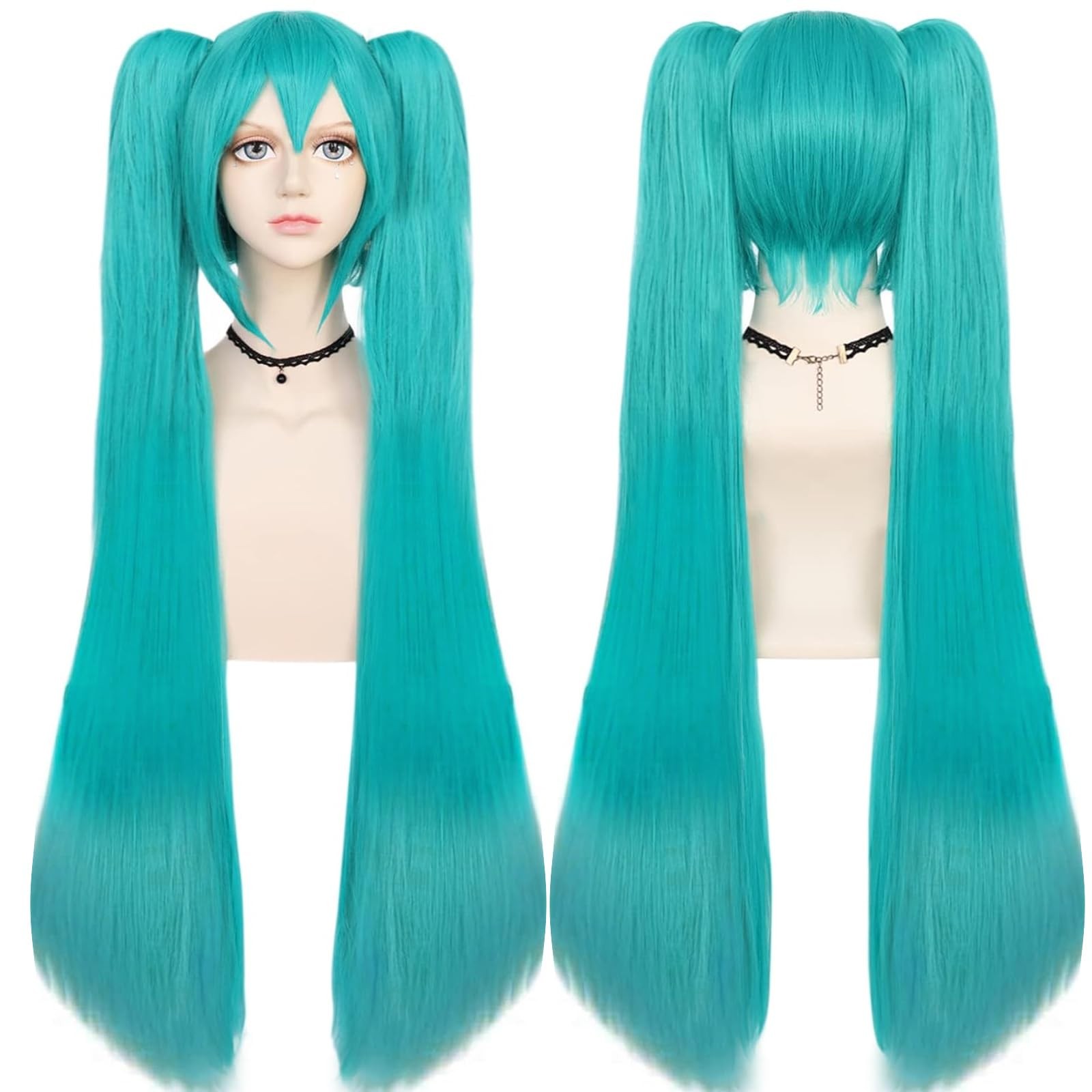 ANOGOL Hair Cap+48inch/120cm Green Wig Cosplay Green Teal wig Double Ponytail…
