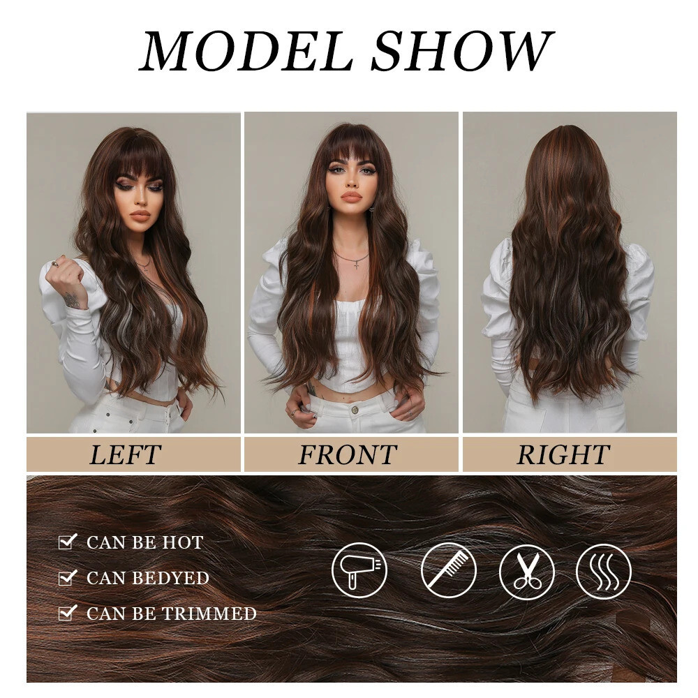 Brown Mixed Red Wig Long Wavy Wigs with Bangs Blonde Cosplay Wig Natural Hair