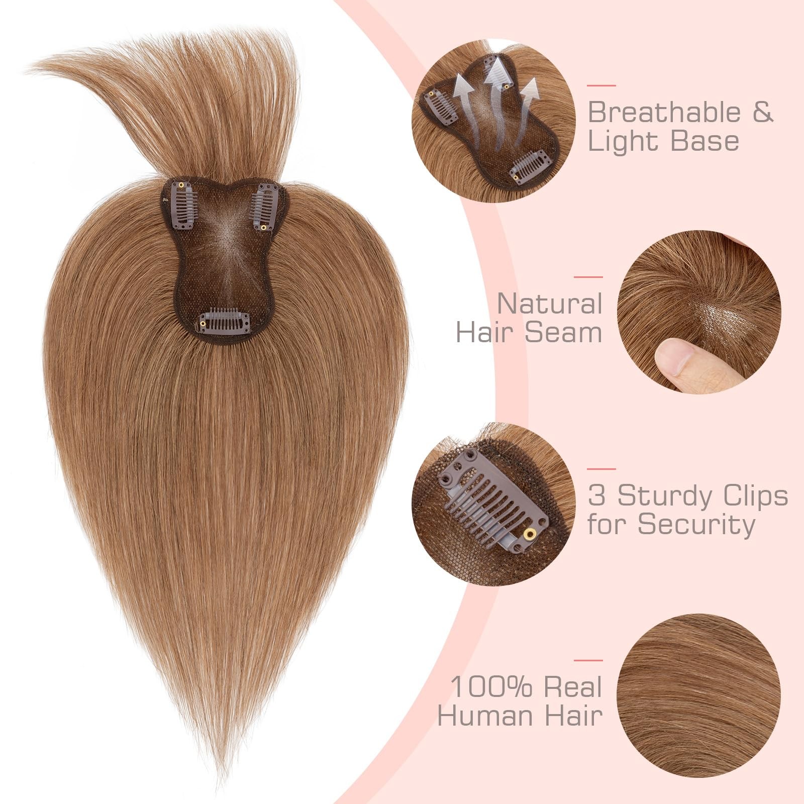 Hairro Human Hair Toppers Bangs 360 3D Coverage Clip In 3.15X4.33 Breathable