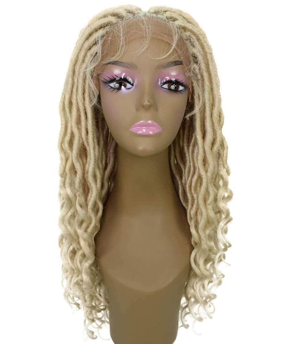 LUXLUXE Andrea 4×4 Curly Long 4X4 Hand Tied Lace Braid Light Blonde Wig