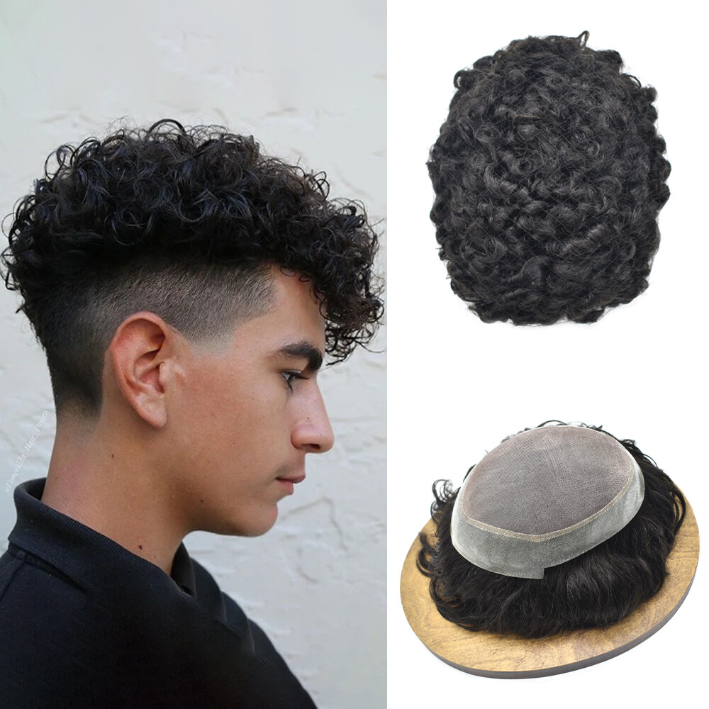 Curly Toupee for Black Men Human Hair System Fine Mono Poly Mens Wigs 20MM 25MM
