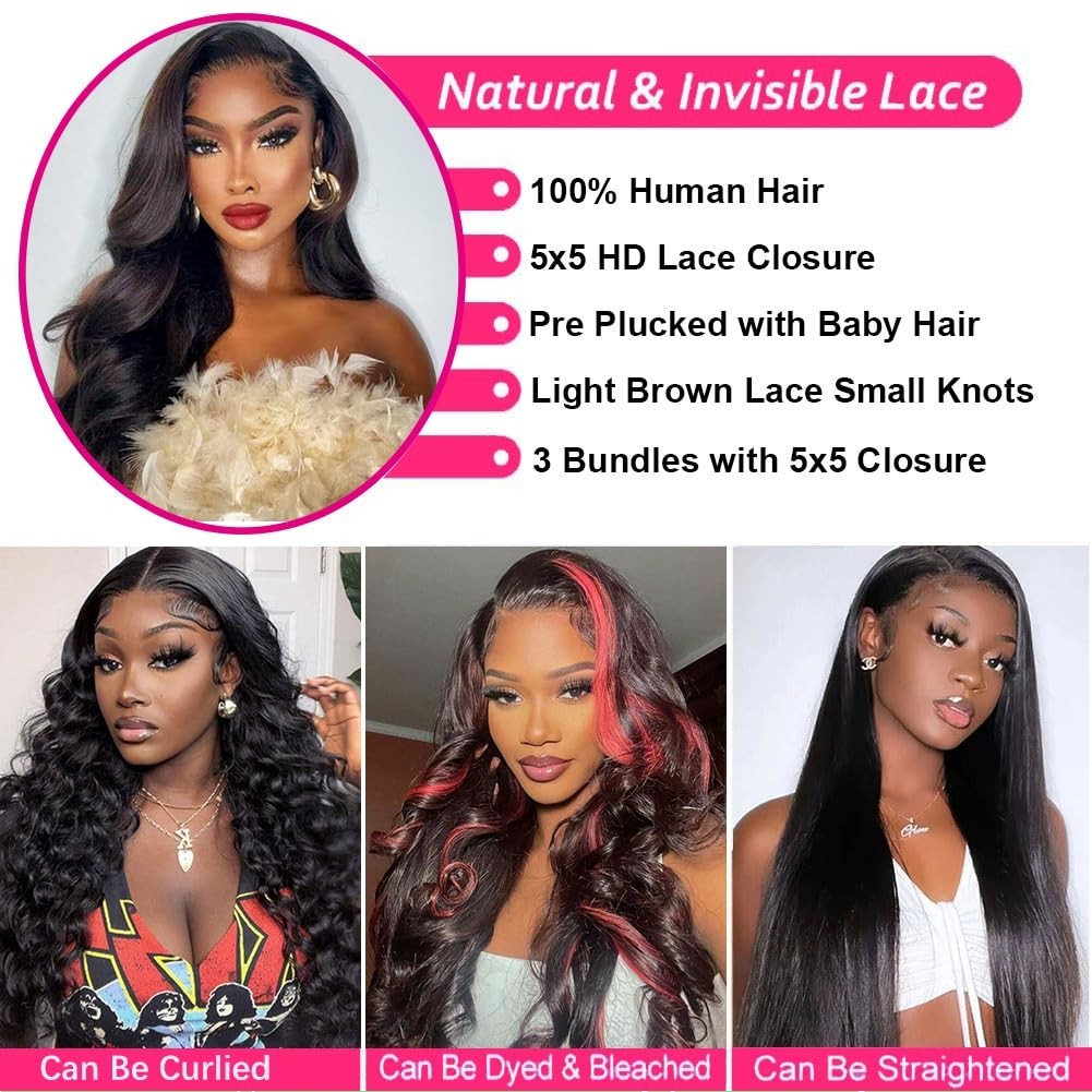 Body Wave Human Hair Bundles with 5×5 HD Closure – Unprocessed Virgin Brazilian