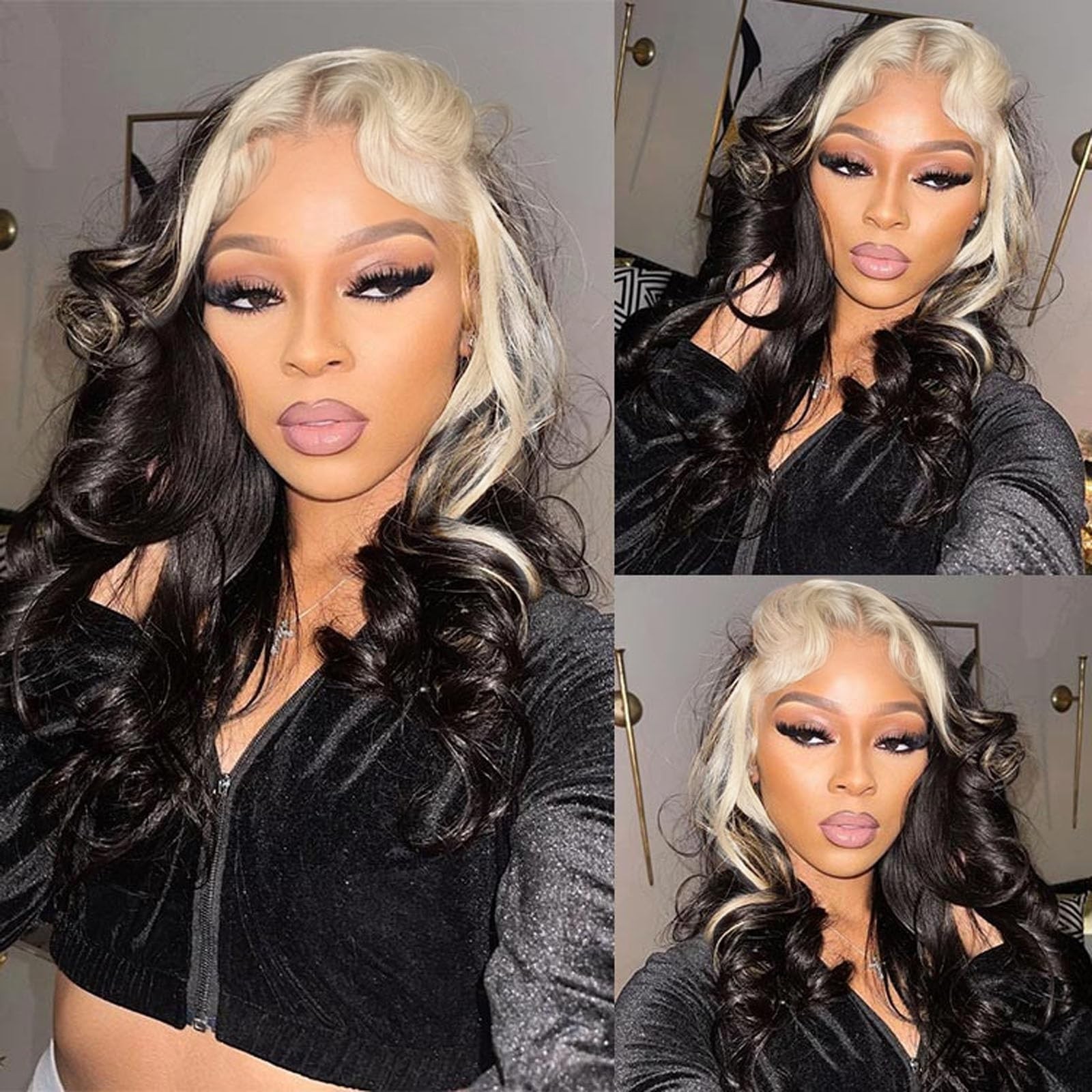 ANDRIA Black/Blonde Skunk Stripe Lace Front Wig Long Body Wave Heat Resistant
