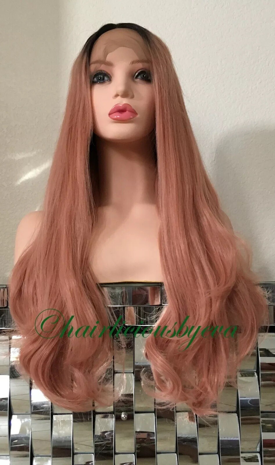 Pink rose gold Black Ombre lace front wig Wavy Layered Heat Ok 26 Inch Long